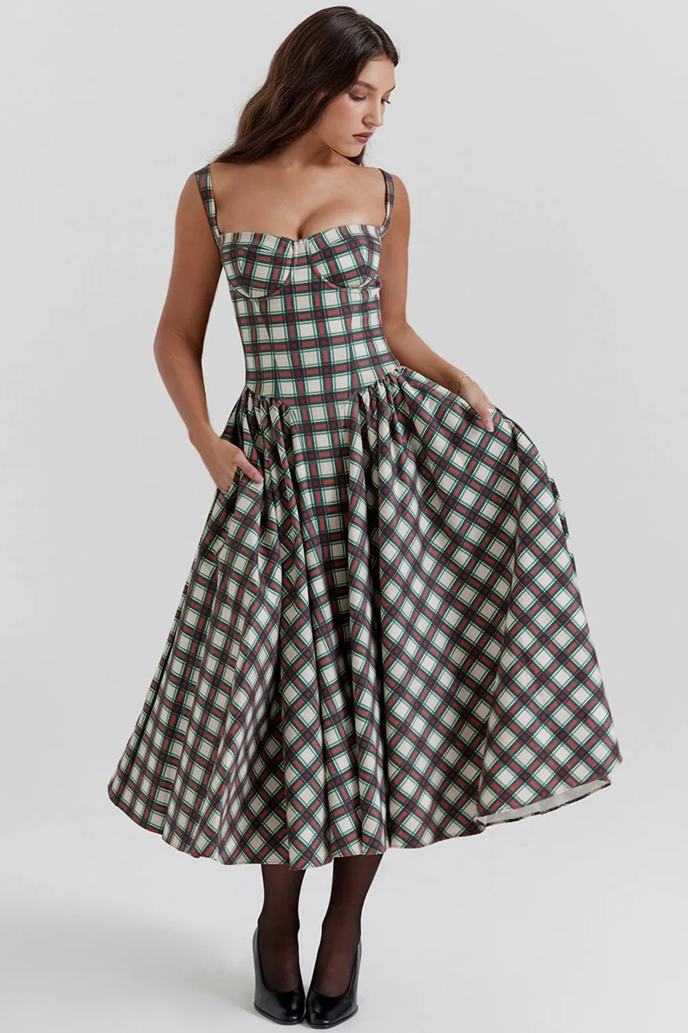Summer High-End Plaid Flared Maxi Dress