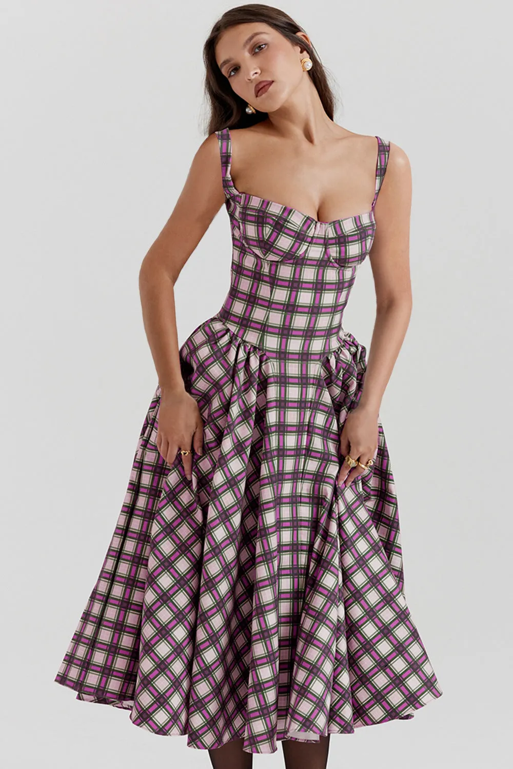 Summer High-End Plaid Flared Maxi Dress