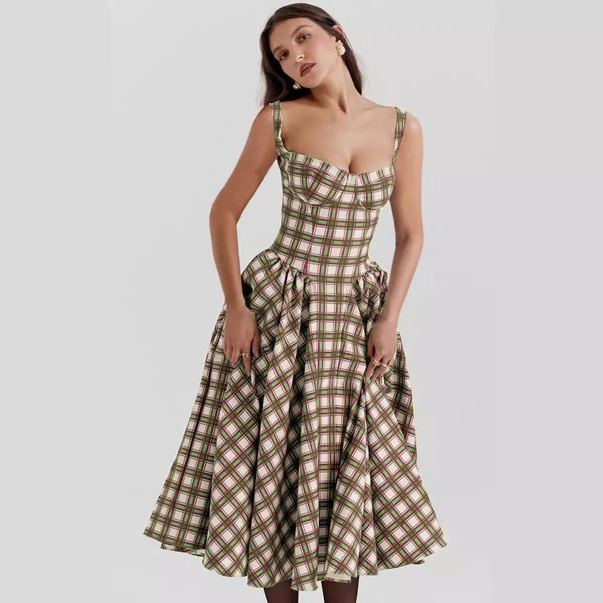 Summer High-End Plaid Flared Maxi Dress