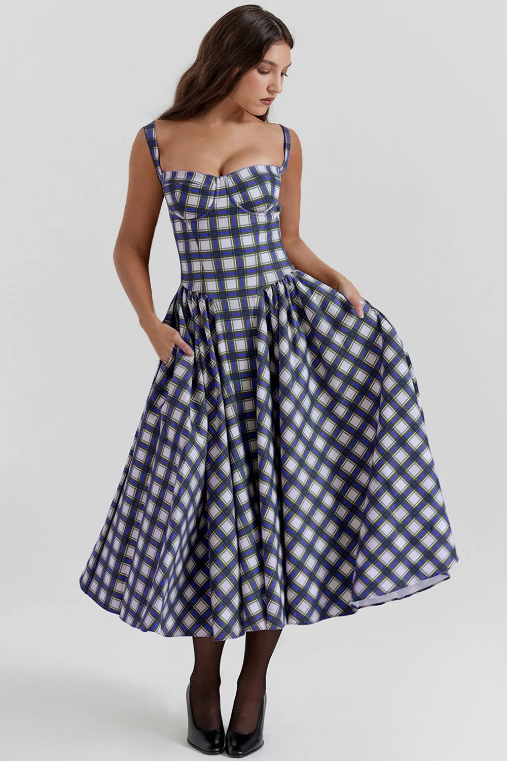Summer High-End Plaid Flared Maxi Dress