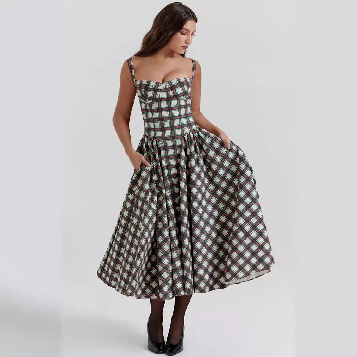 Summer High-End Plaid Flared Maxi Dress
