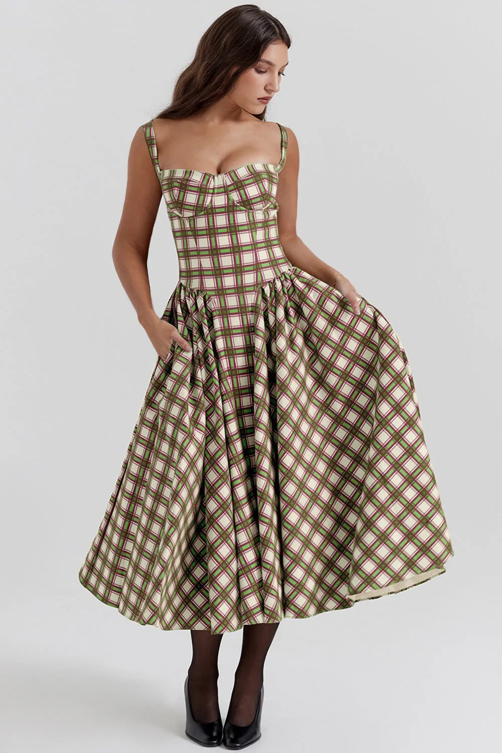 Summer High-End Plaid Flared Maxi Dress