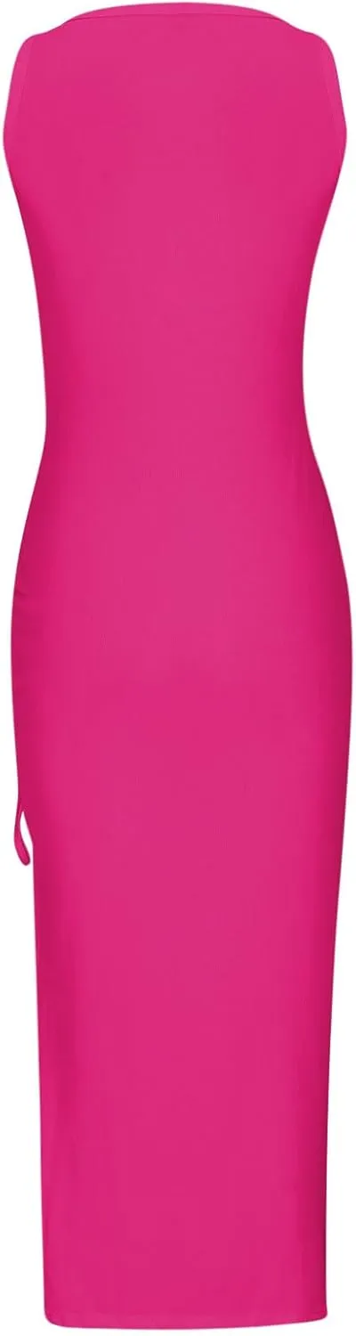 TANGNADE Women Bodycon Maxi Dress Sleeveless Drawstring Ruched Basic Party Club Slim Fit Trendy Casual Tank Dress