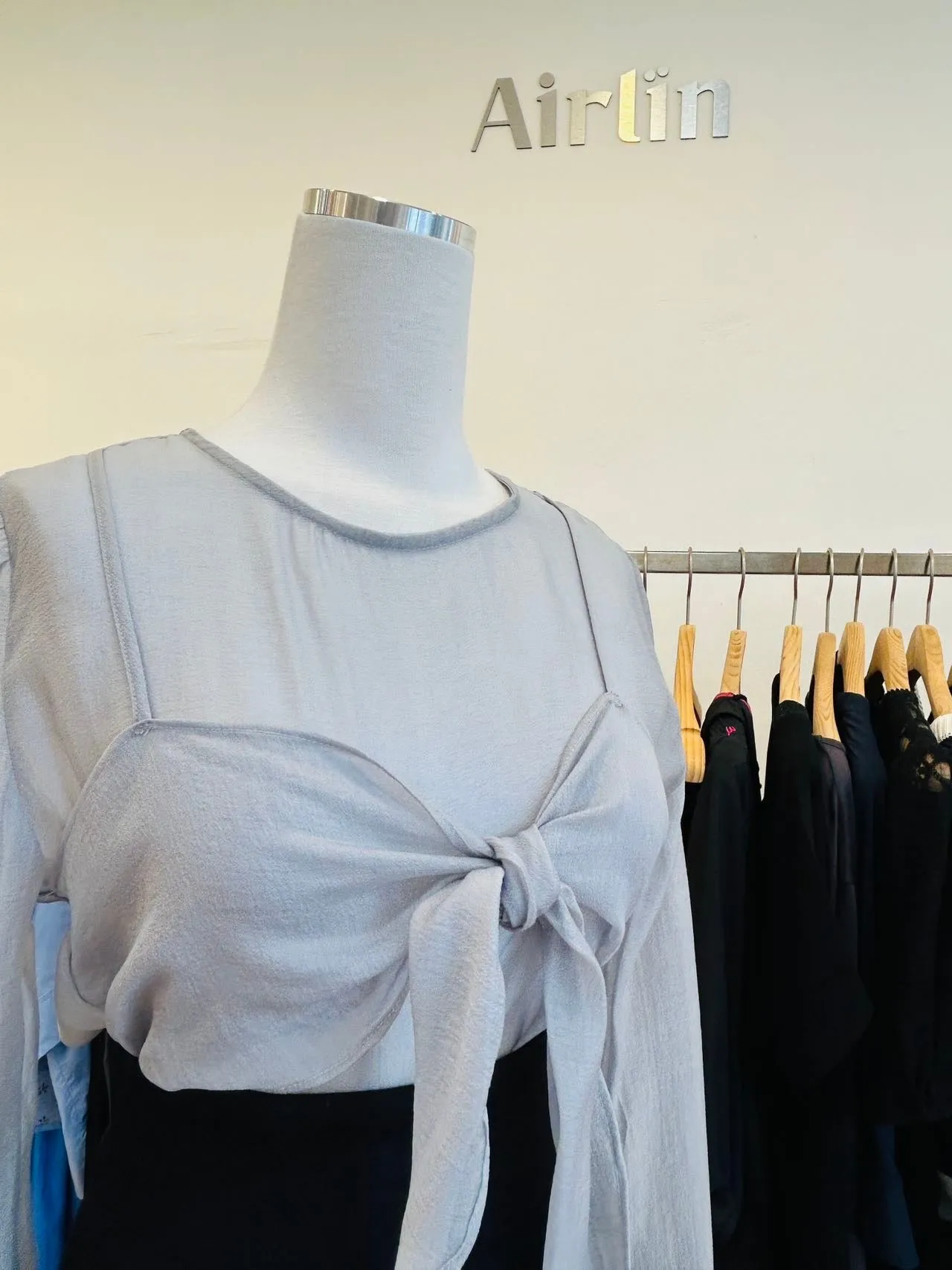 White/grey sheer bow blouse