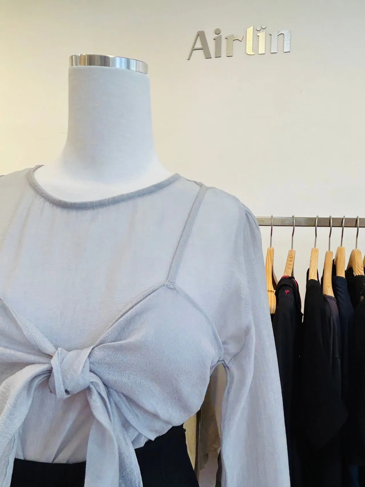 White/grey sheer bow blouse