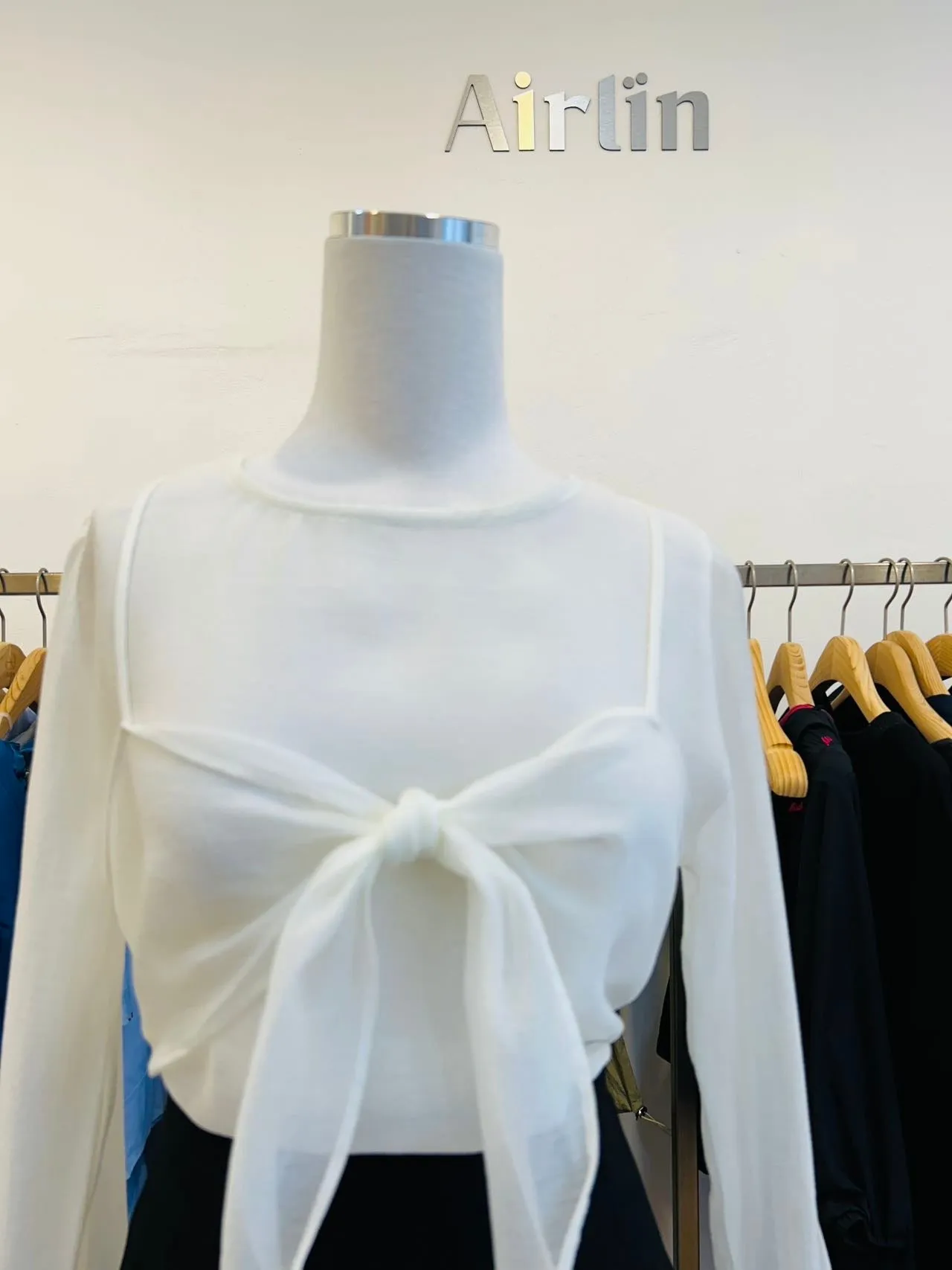 White/grey sheer bow blouse