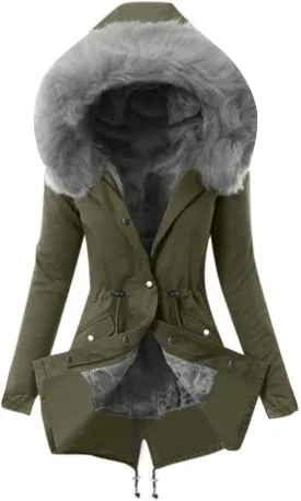 Women Faux Leather Trench Coat Fleece-Lined Mid-Length Jacket Winter Outwear Thicken Jackets with Hood