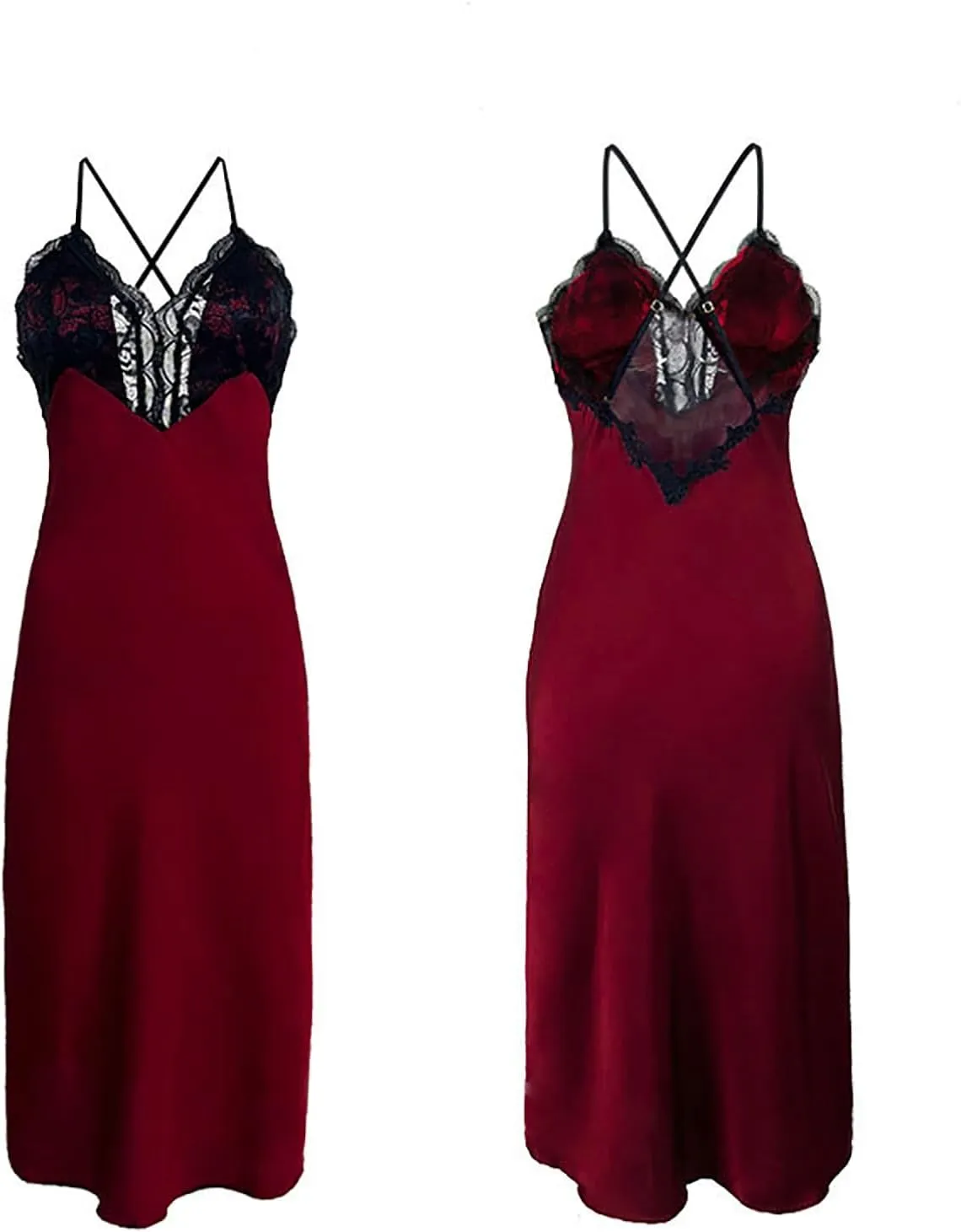Women Lace Satin Sleep Dress Sexy Sleepwear Midi Long Nightgown Full Slip Dresses Velvet Sleeveless Chemise Dress