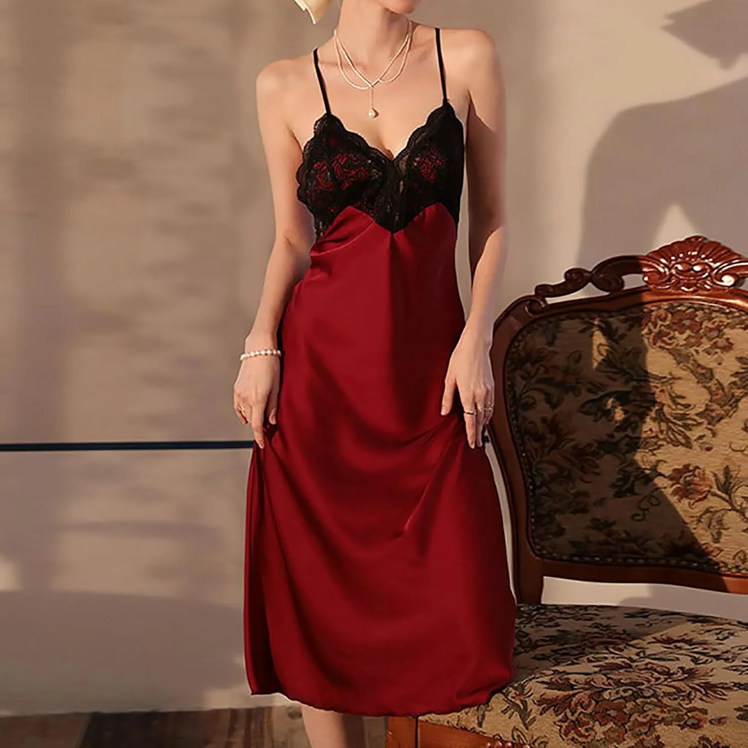 Women Lace Satin Sleep Dress Sexy Sleepwear Midi Long Nightgown Full Slip Dresses Velvet Sleeveless Chemise Dress