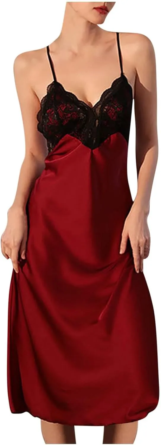Women Lace Satin Sleep Dress Sexy Sleepwear Midi Long Nightgown Full Slip Dresses Velvet Sleeveless Chemise Dress