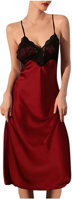 Women Lace Satin Sleep Dress Sexy Sleepwear Midi Long Nightgown Full Slip Dresses Velvet Sleeveless Chemise Dress