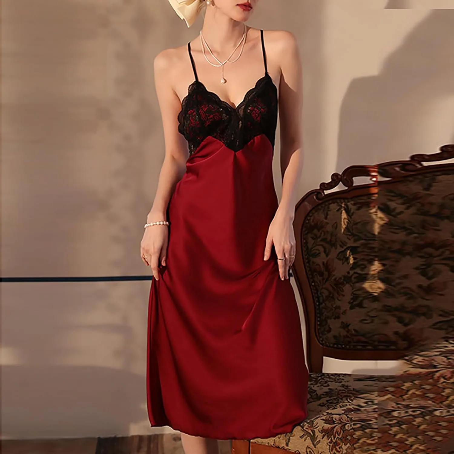 Women Lace Satin Sleep Dress Sexy Sleepwear Midi Long Nightgown Full Slip Dresses Velvet Sleeveless Chemise Dress
