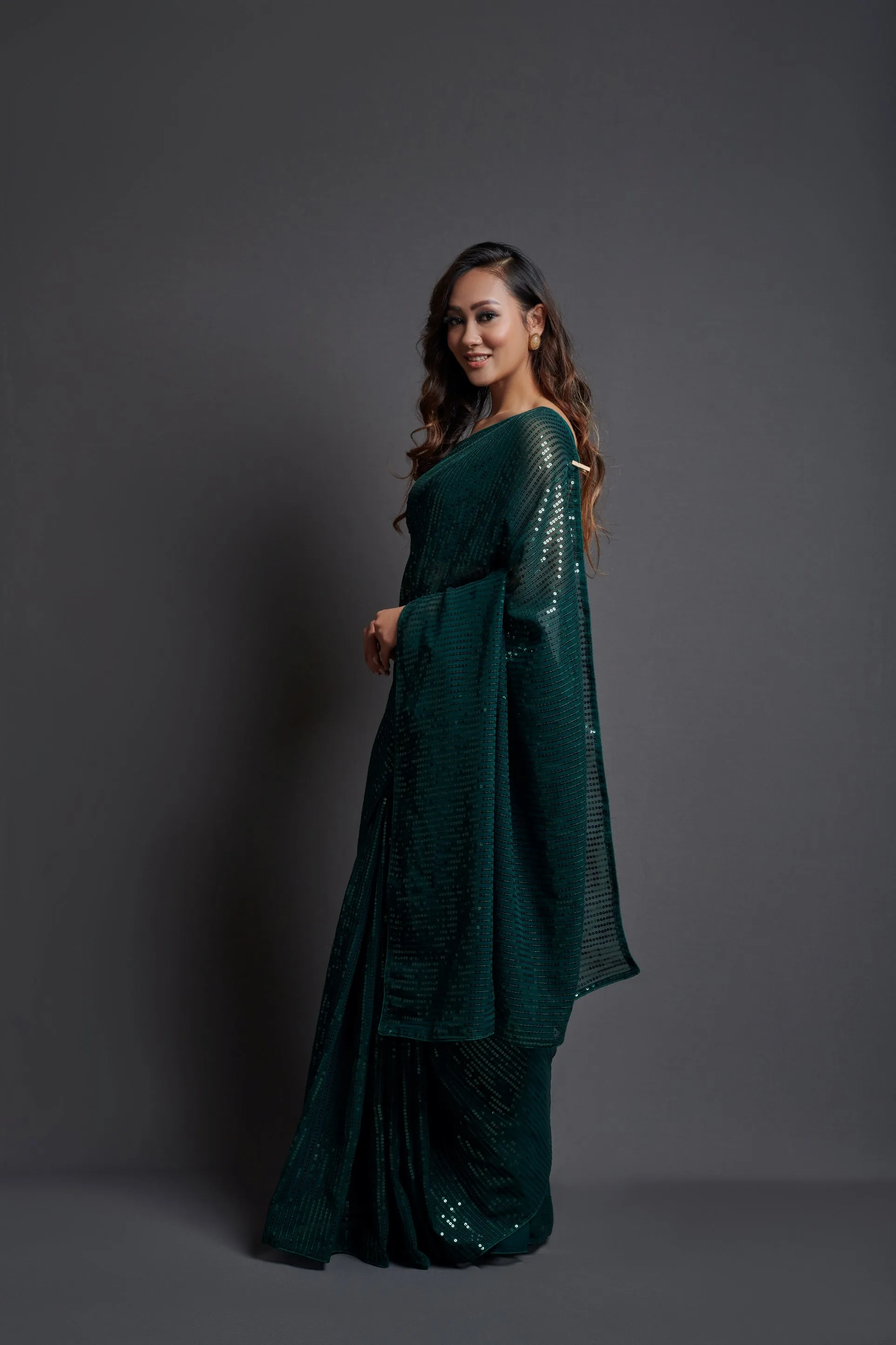 Women Party Wear Designer Green Colour Heavy Georgette Fabric Sequence Embroidery Worked Saree Collection