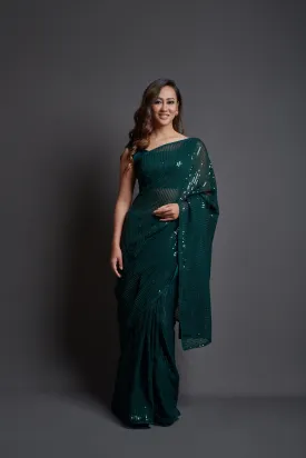 Women Party Wear Designer Green Colour Heavy Georgette Fabric Sequence Embroidery Worked Saree Collection