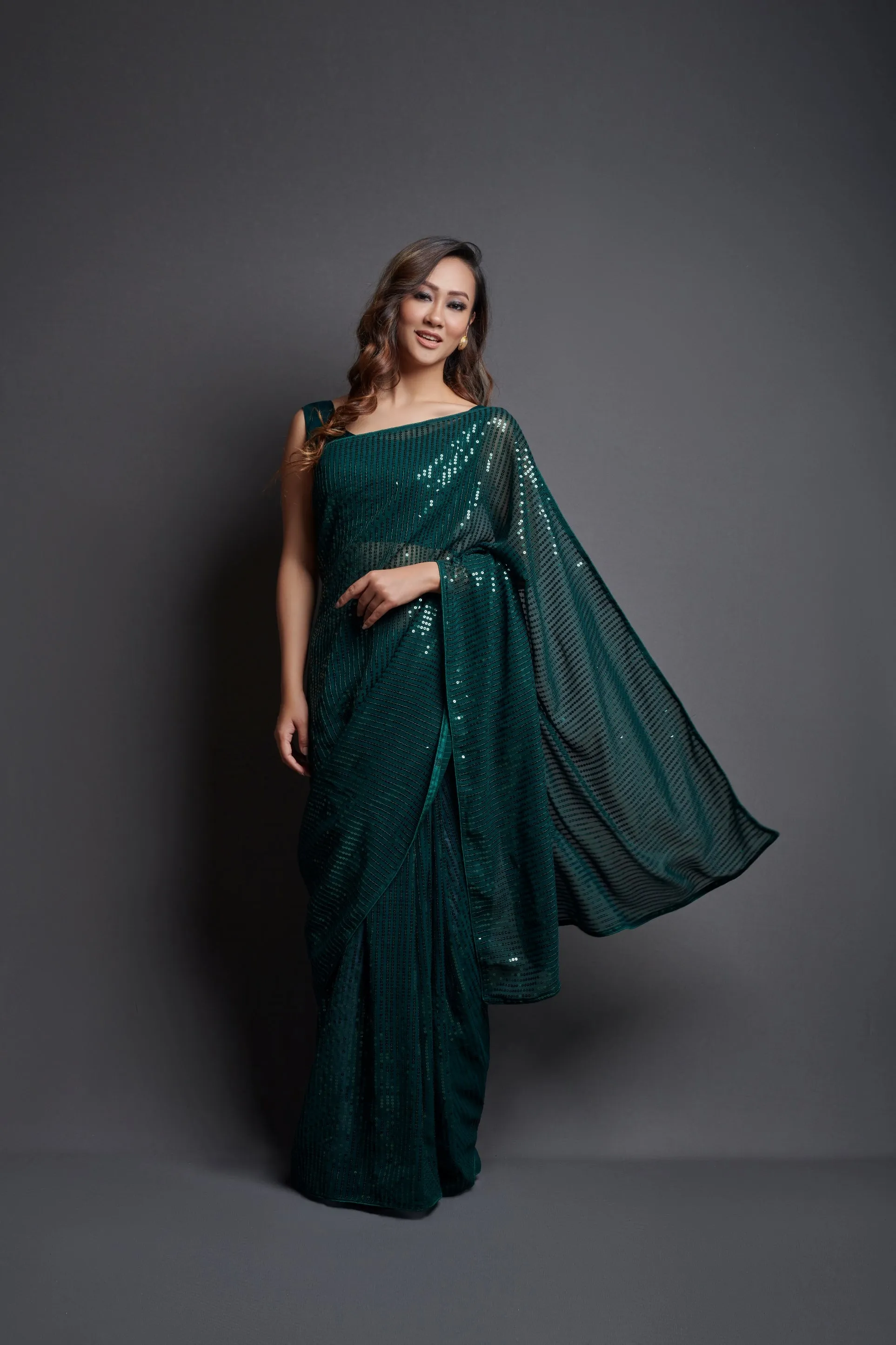 Women Party Wear Designer Green Colour Heavy Georgette Fabric Sequence Embroidery Worked Saree Collection