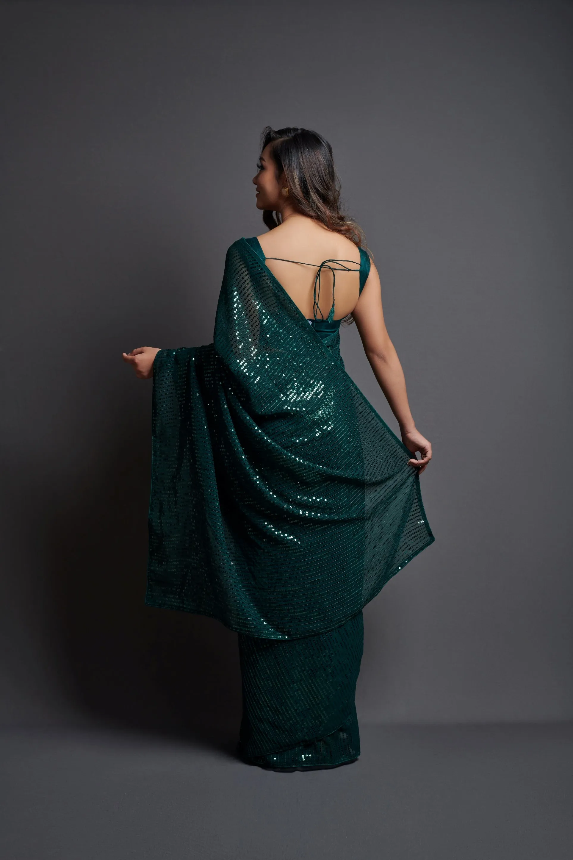 Women Party Wear Designer Green Colour Heavy Georgette Fabric Sequence Embroidery Worked Saree Collection