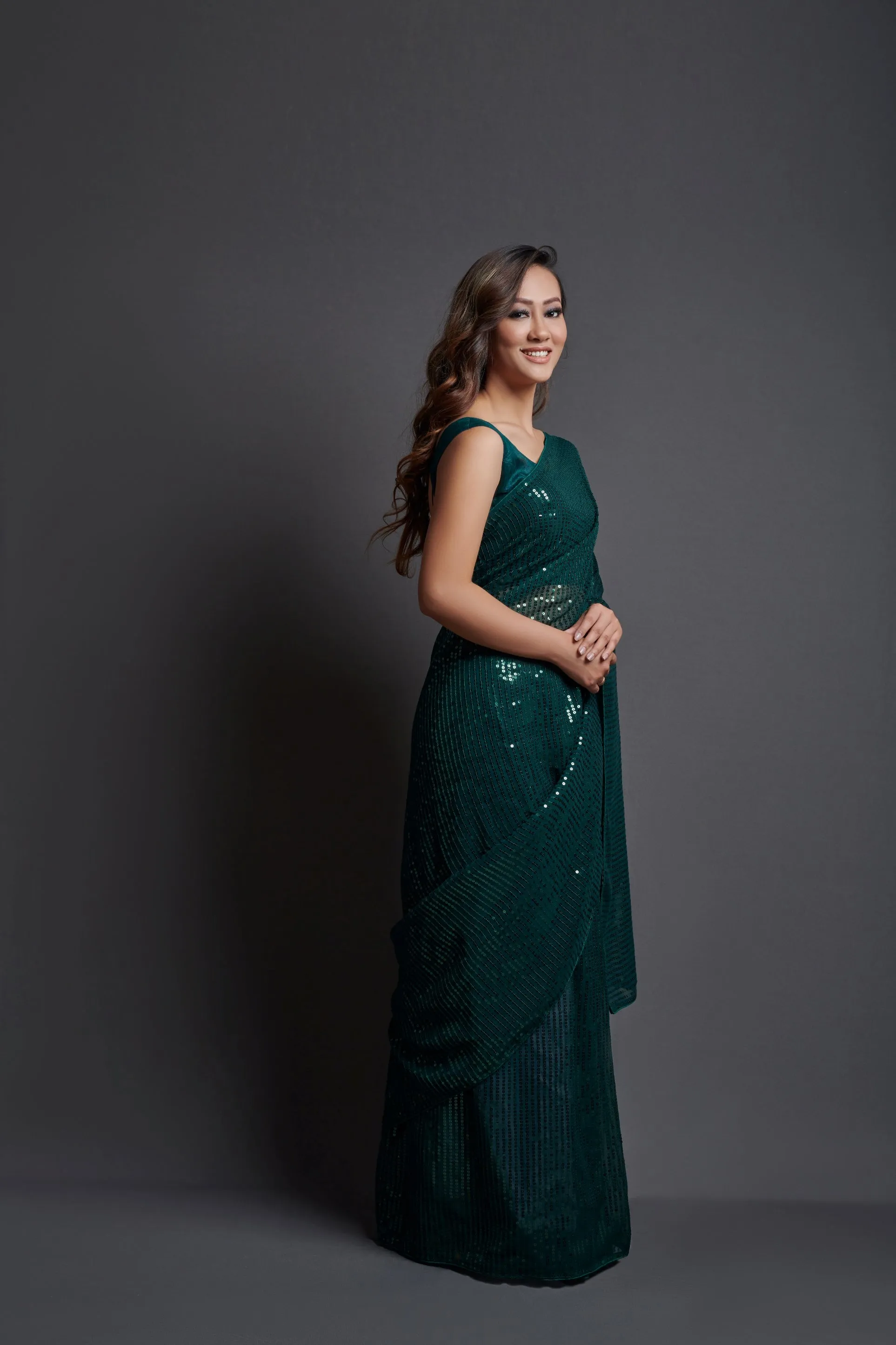 Women Party Wear Designer Green Colour Heavy Georgette Fabric Sequence Embroidery Worked Saree Collection