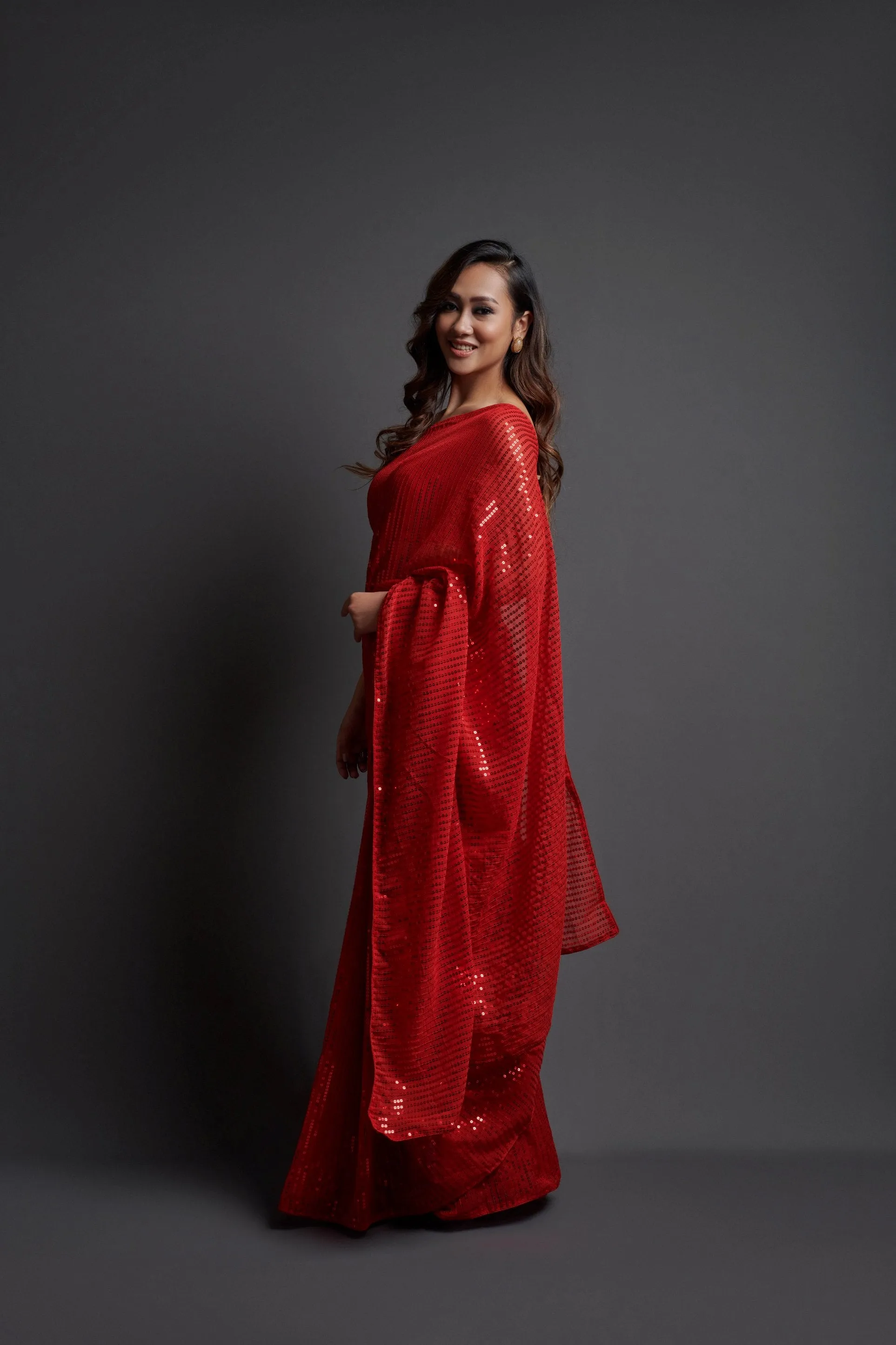 Women Party Wear Designer Red Colour Heavy Georgette Fabric Sequence Embroidery Worked Saree Collection