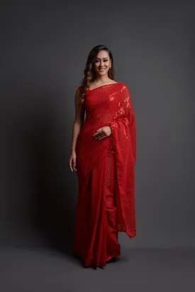 Women Party Wear Designer Red Colour Heavy Georgette Fabric Sequence Embroidery Worked Saree Collection