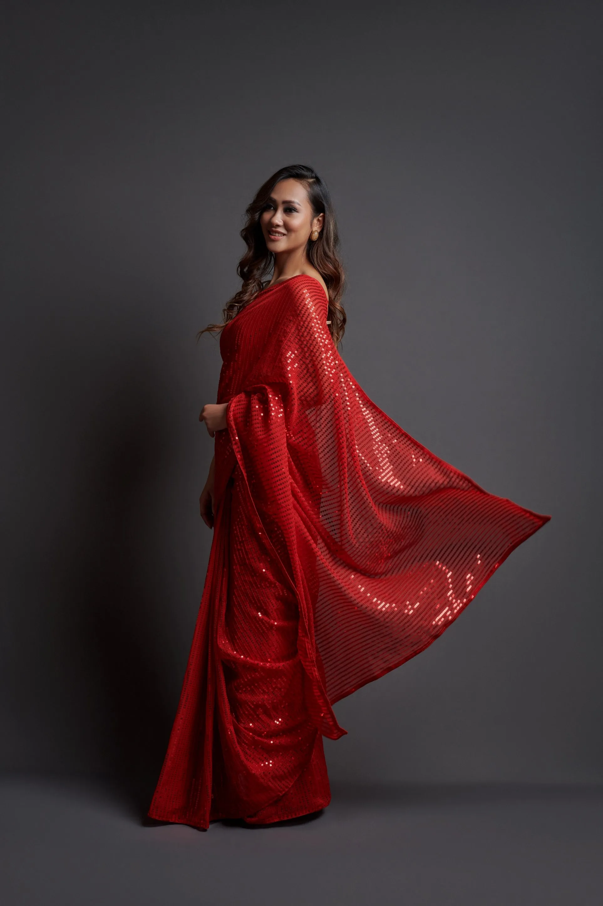 Women Party Wear Designer Red Colour Heavy Georgette Fabric Sequence Embroidery Worked Saree Collection