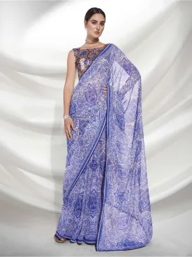 Women Party Wear Digital Printed Blue Colour Weightless Saree Collection