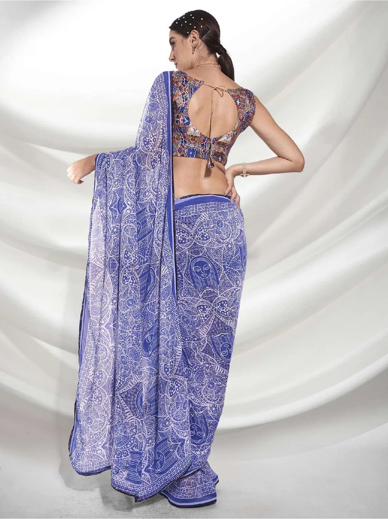 Women Party Wear Digital Printed Blue Colour Weightless Saree Collection