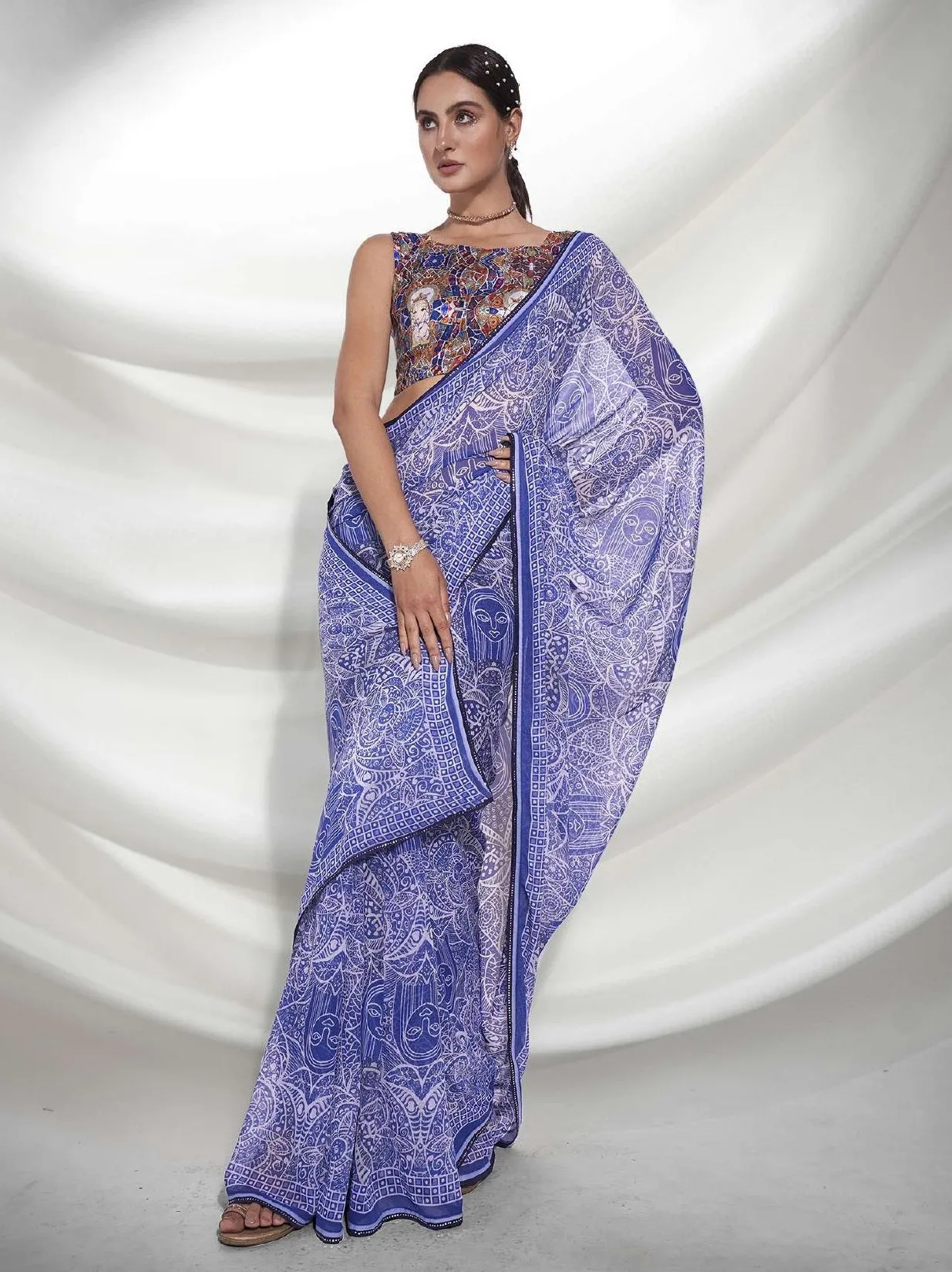 Women Party Wear Digital Printed Blue Colour Weightless Saree Collection