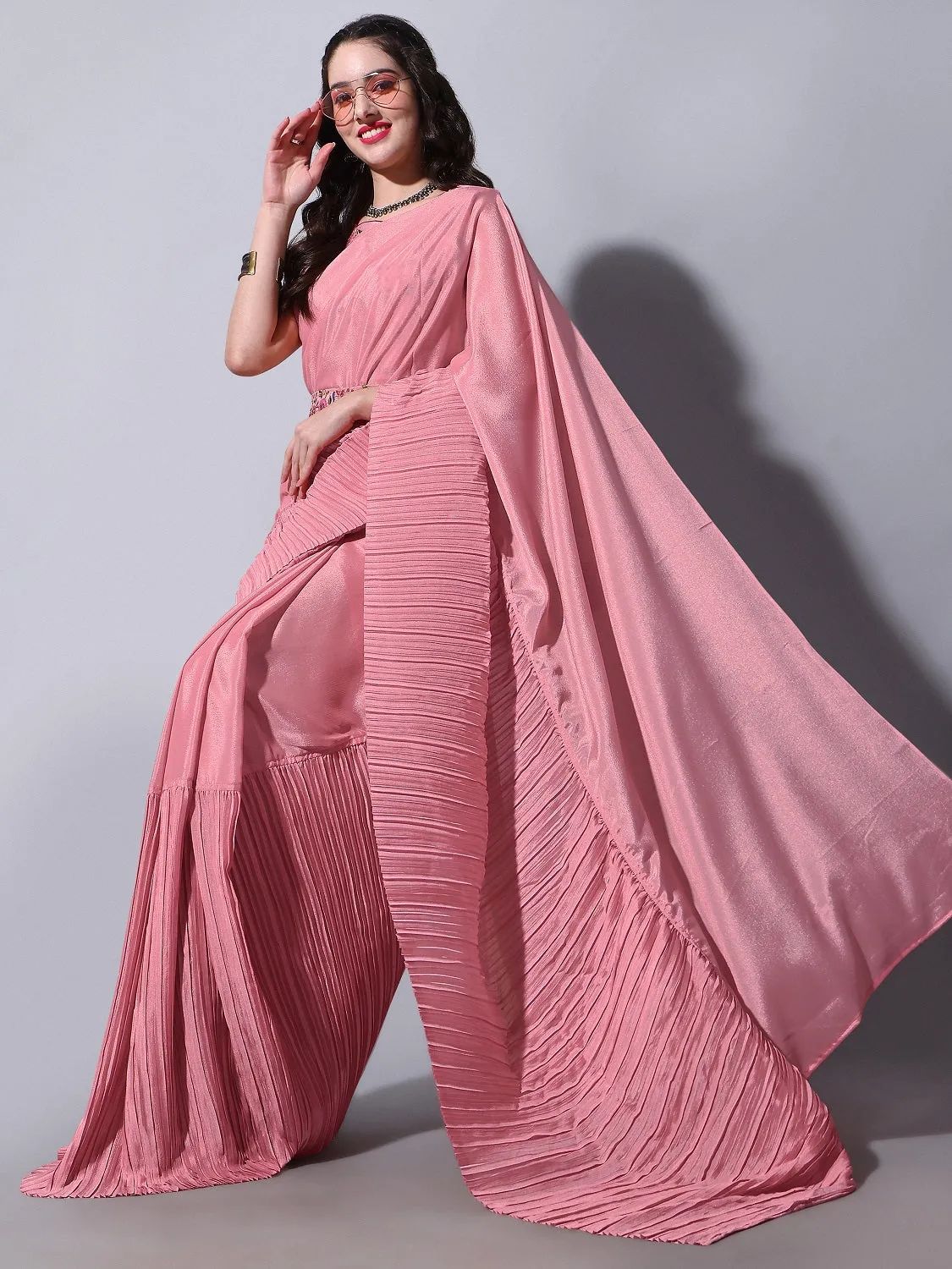 Women Party Wear Half Crush and Half Plain Peach Colour Chinon Saree Collection
