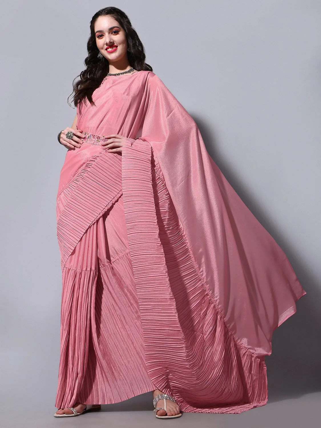 Women Party Wear Half Crush and Half Plain Peach Colour Chinon Saree Collection