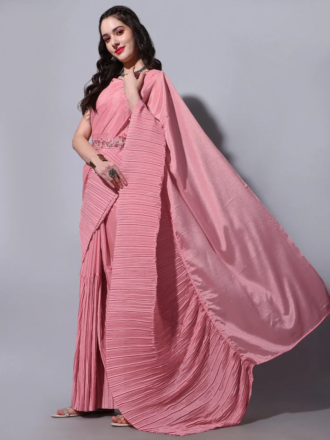 Women Party Wear Half Crush and Half Plain Peach Colour Chinon Saree Collection