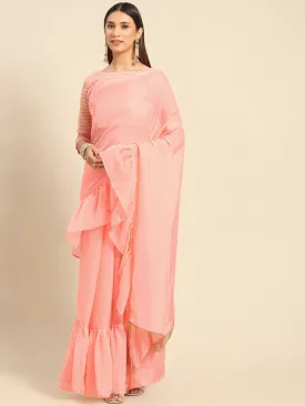 Women Party Wear Ruffle Pattern Plain Organza Saree with Un Stitched Blouse