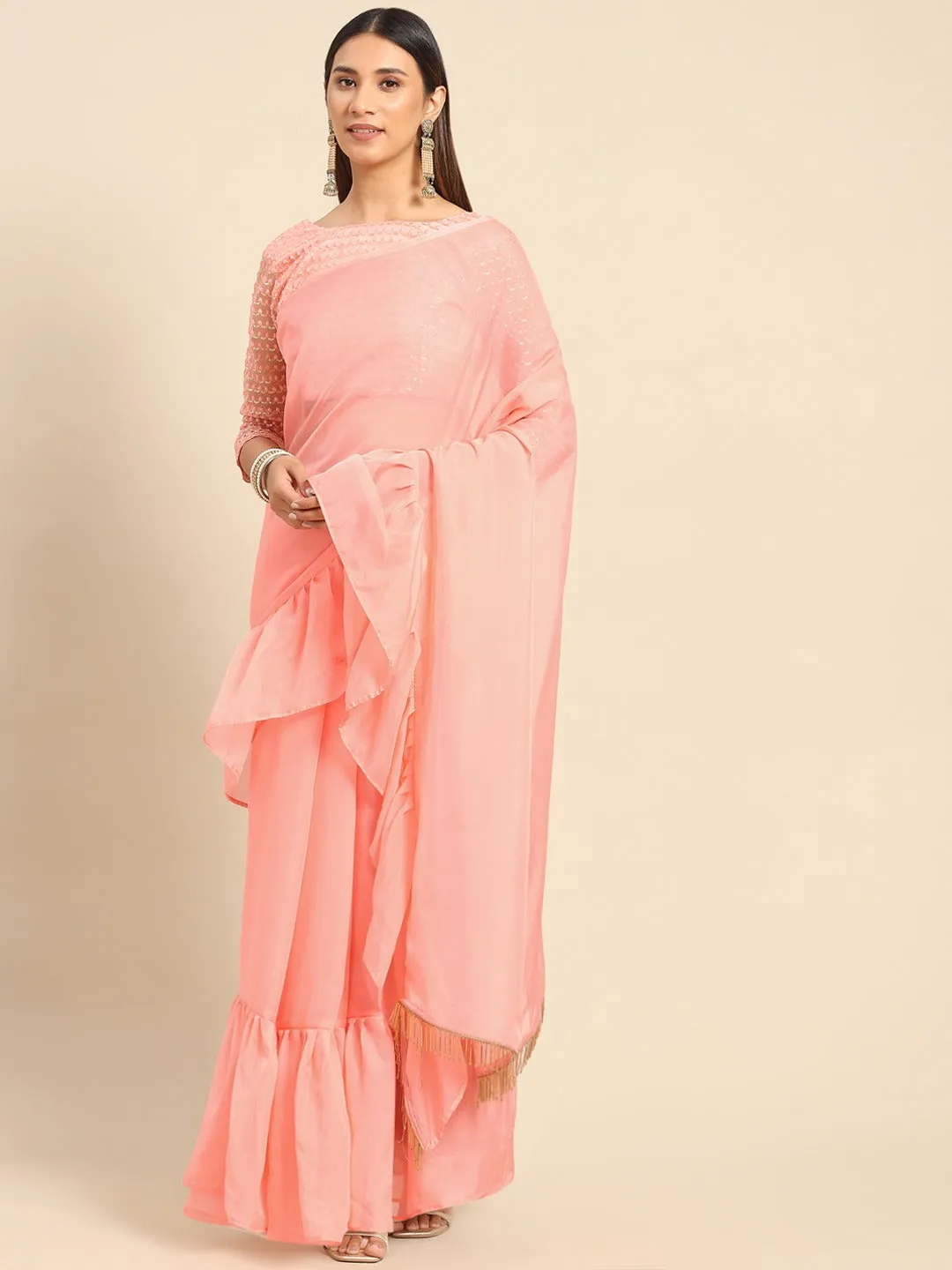 Women Party Wear Ruffle Pattern Plain Organza Saree with Un Stitched Blouse