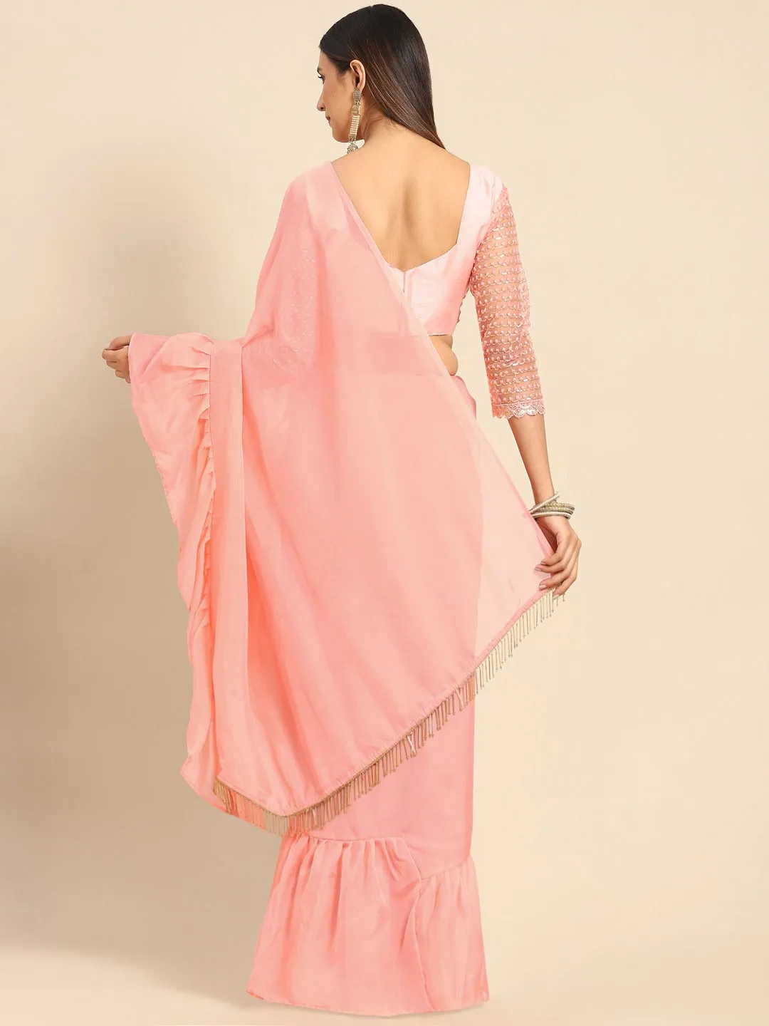 Women Party Wear Ruffle Pattern Plain Organza Saree with Un Stitched Blouse
