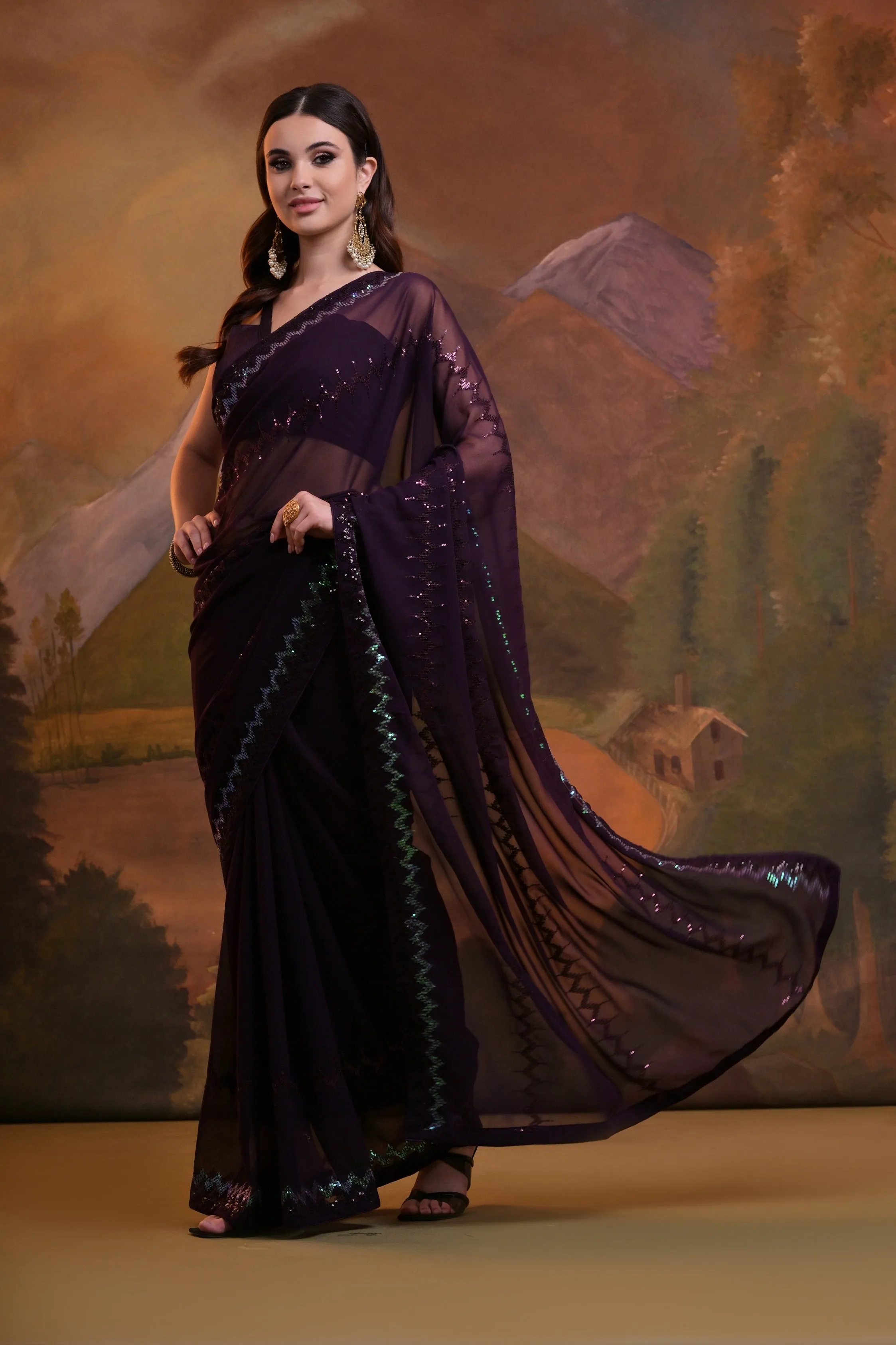 Women Party Wear Sequence Embroidery Worked Georgette Saree With Un Stitched Blouse