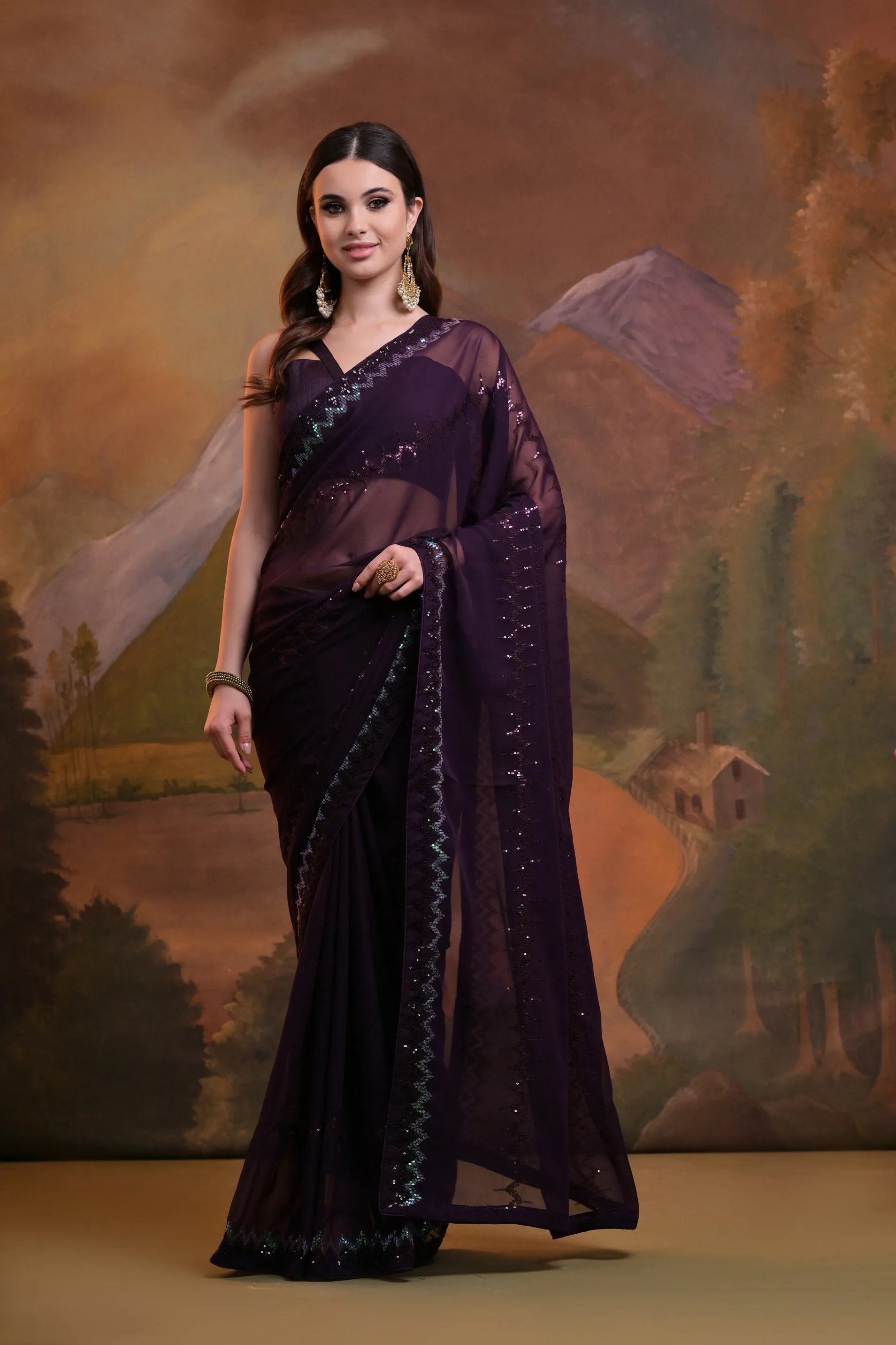 Women Party Wear Sequence Embroidery Worked Georgette Saree With Un Stitched Blouse
