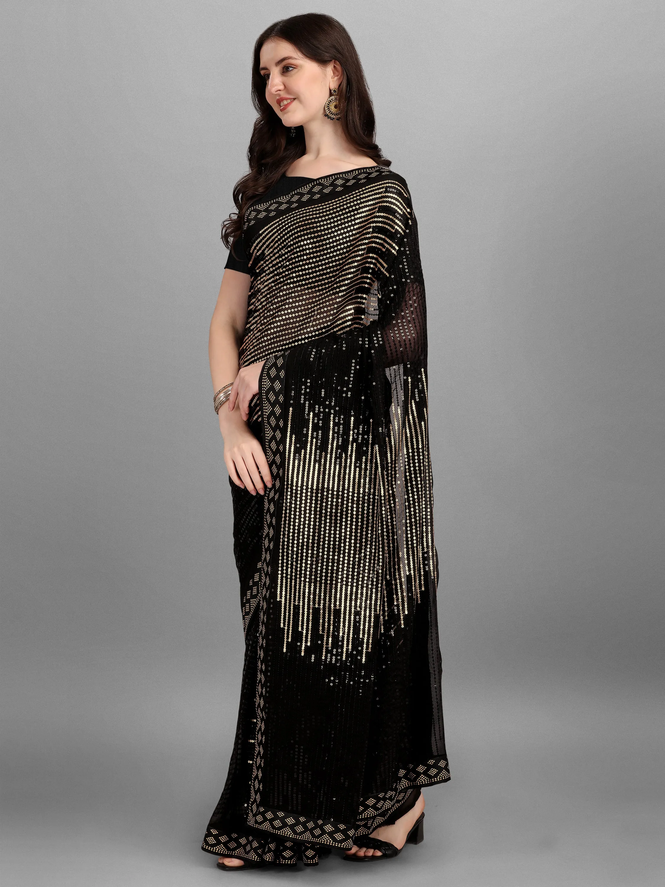Women Party Wear Sequins Worked Black Colour Heavy Georgette Saree Collection