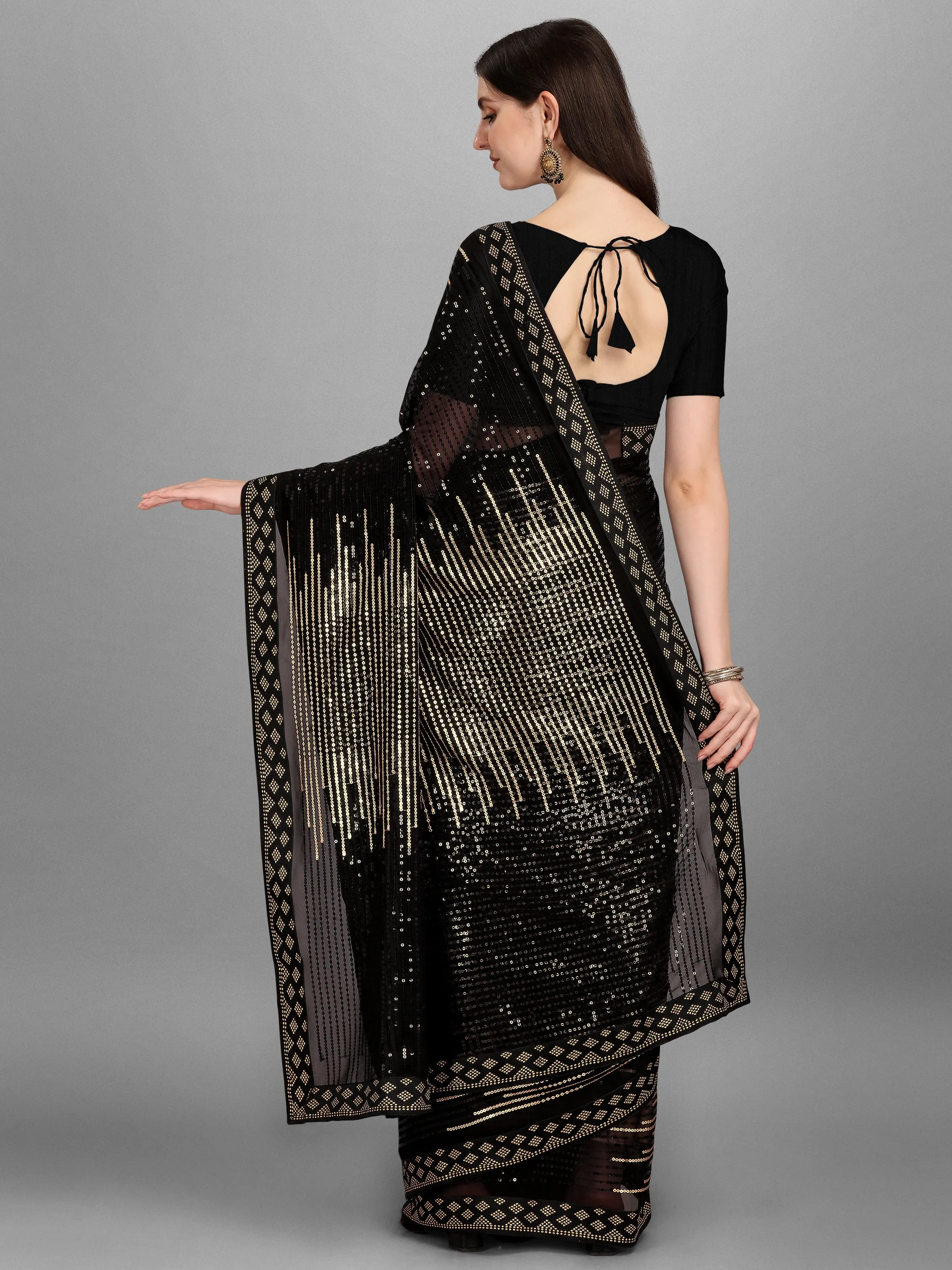 Women Party Wear Sequins Worked Black Colour Heavy Georgette Saree Collection