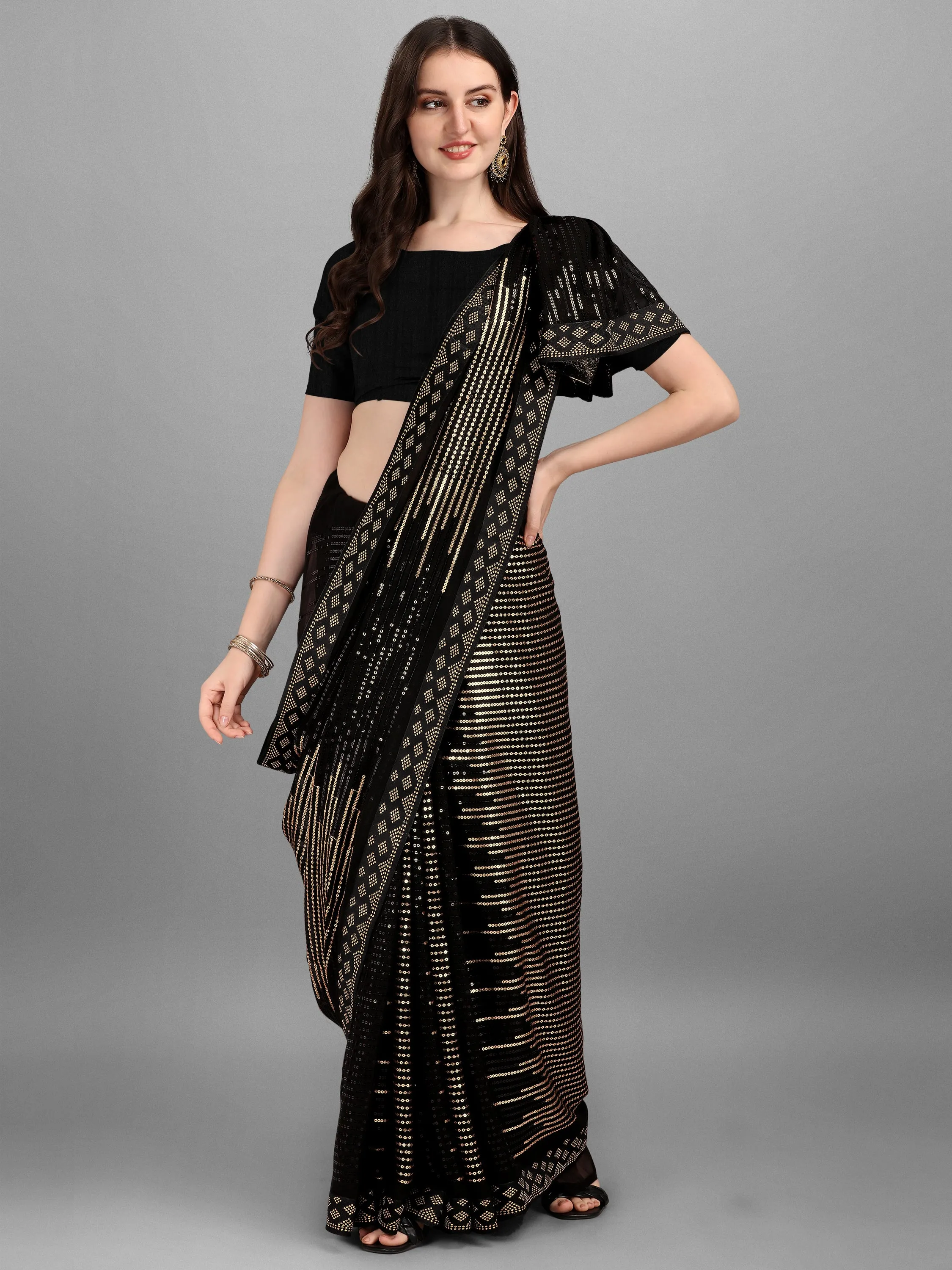 Women Party Wear Sequins Worked Black Colour Heavy Georgette Saree Collection