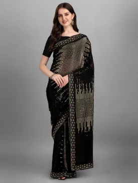 Women Party Wear Sequins Worked Black Colour Heavy Georgette Saree Collection