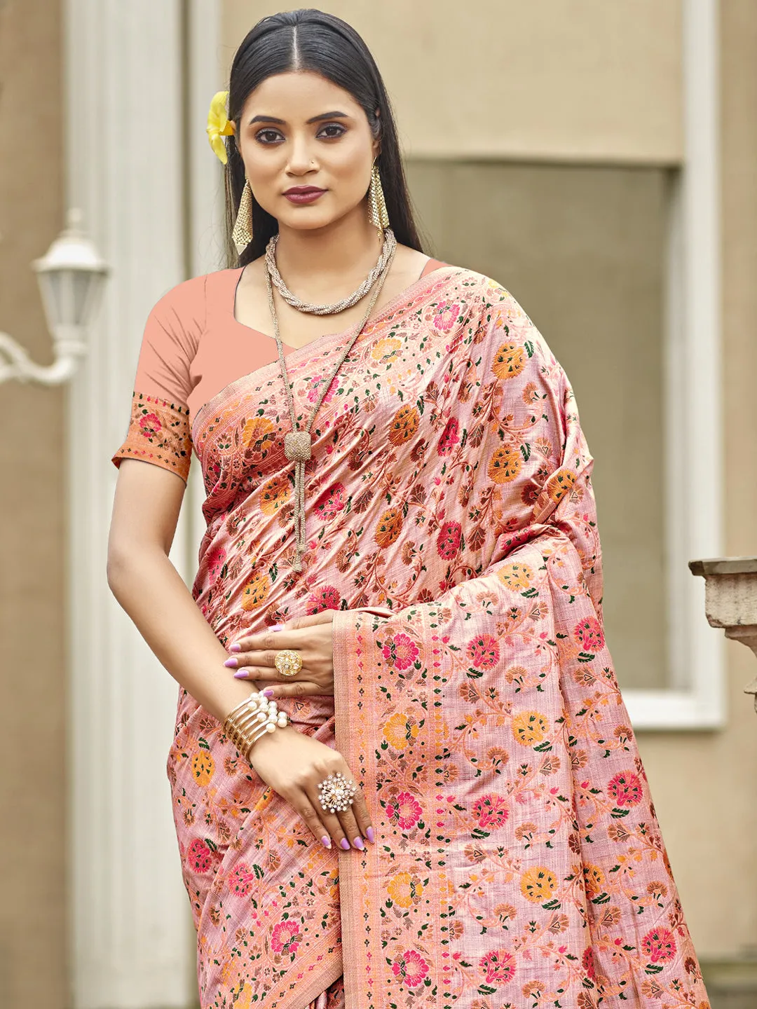 Women Pink Silk Saree With Un Stitched Blouse