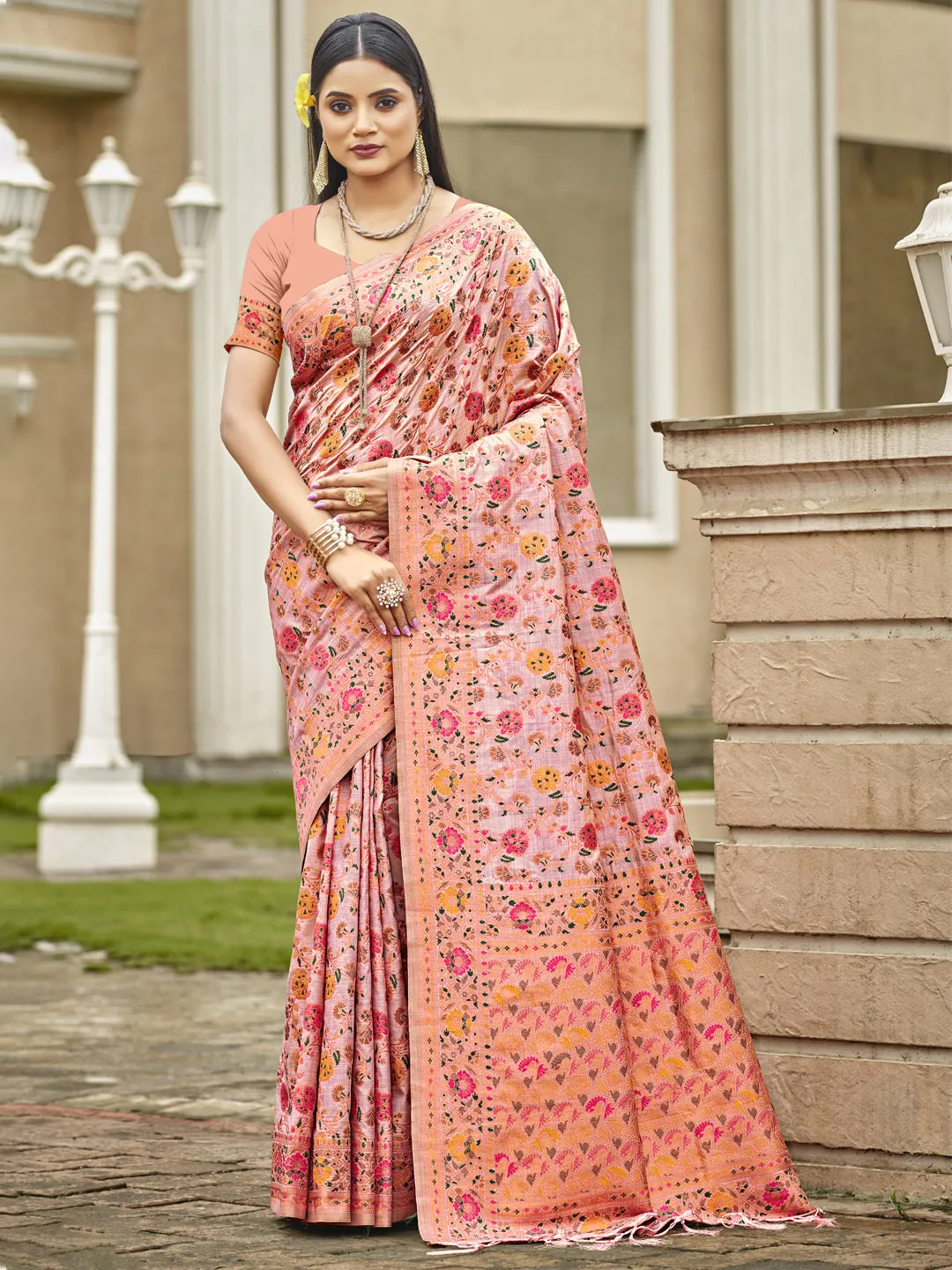 Women Pink Silk Saree With Un Stitched Blouse