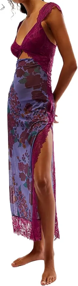 Women Sleeveless Maxi Dress Backless Bodycon Floral Printed Spaghetti Strap Long Dress Summer Lace Cutout Dress