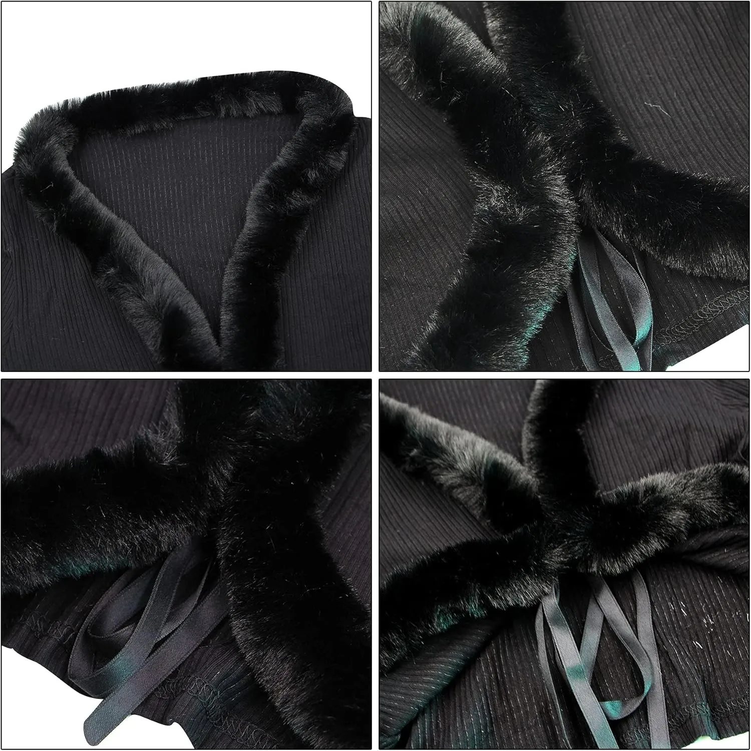 Women Y2K Long Sleeve Tie Front Blouse Fluffy Trim Collar Cuff Faux Fur Blouse