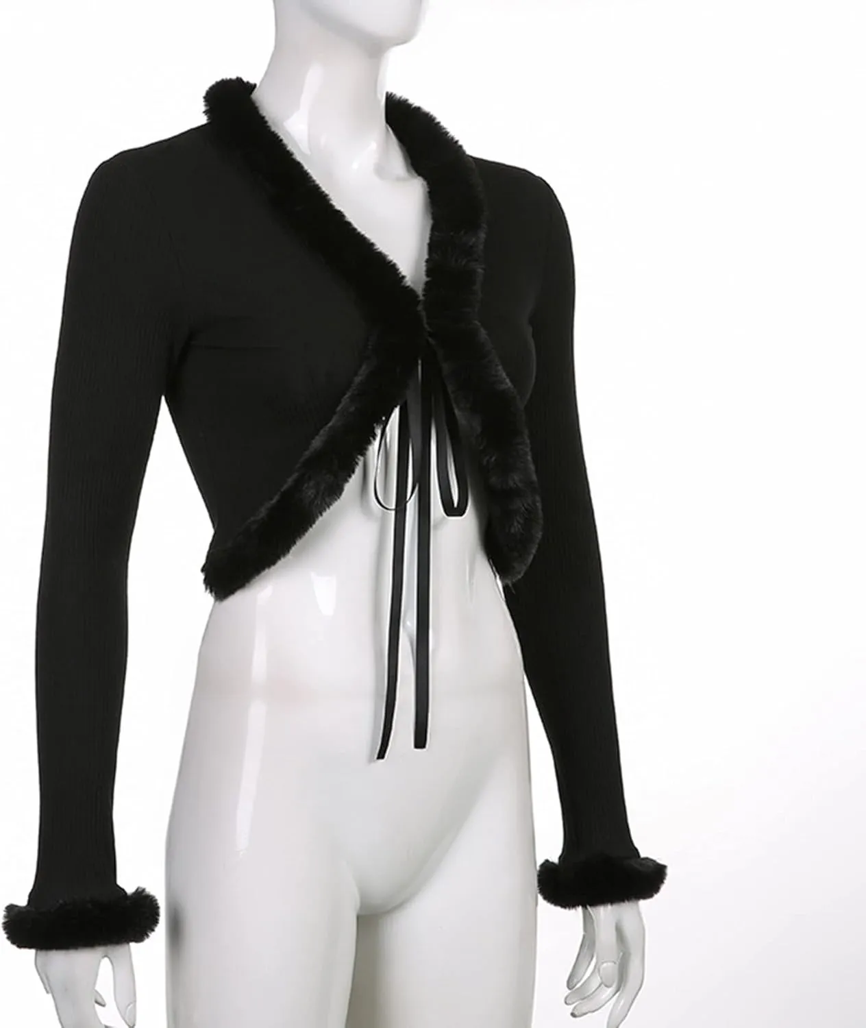 Women Y2K Long Sleeve Tie Front Blouse Fluffy Trim Collar Cuff Faux Fur Blouse