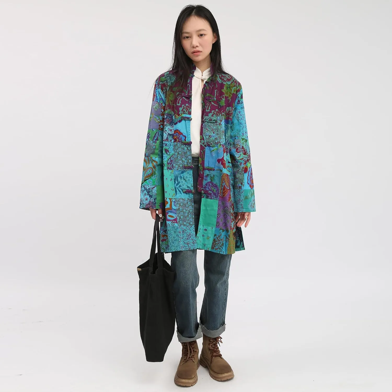 Women's Boho Floral Patchwork Jacket Lightweight Color-Blocked Plaid Windbreaker Coat for Spring & Fall