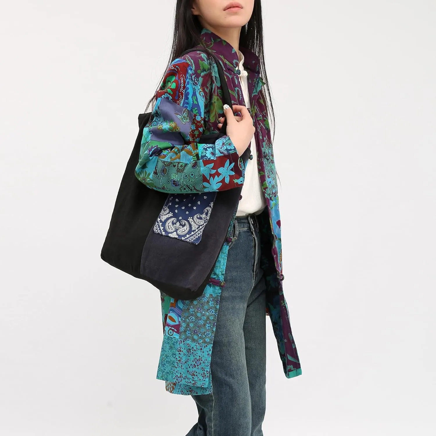 Women's Boho Floral Patchwork Jacket Lightweight Color-Blocked Plaid Windbreaker Coat for Spring & Fall