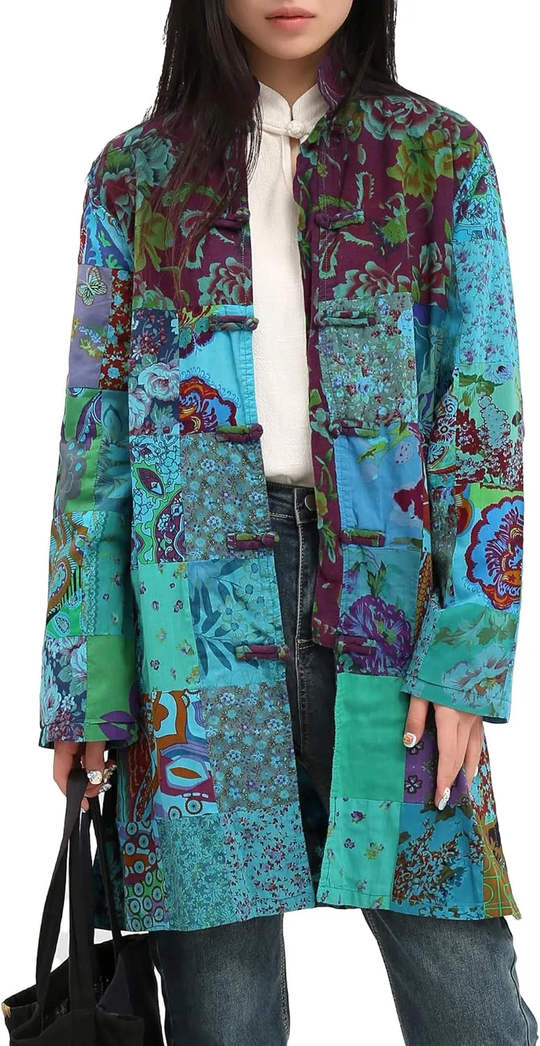 Women's Boho Floral Patchwork Jacket Lightweight Color-Blocked Plaid Windbreaker Coat for Spring & Fall