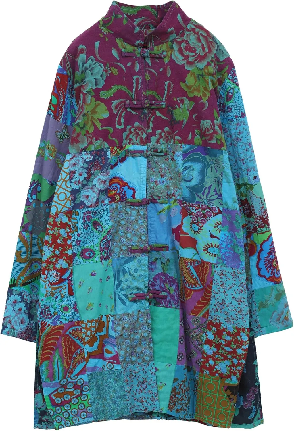 Women's Boho Floral Patchwork Jacket Lightweight Color-Blocked Plaid Windbreaker Coat for Spring & Fall