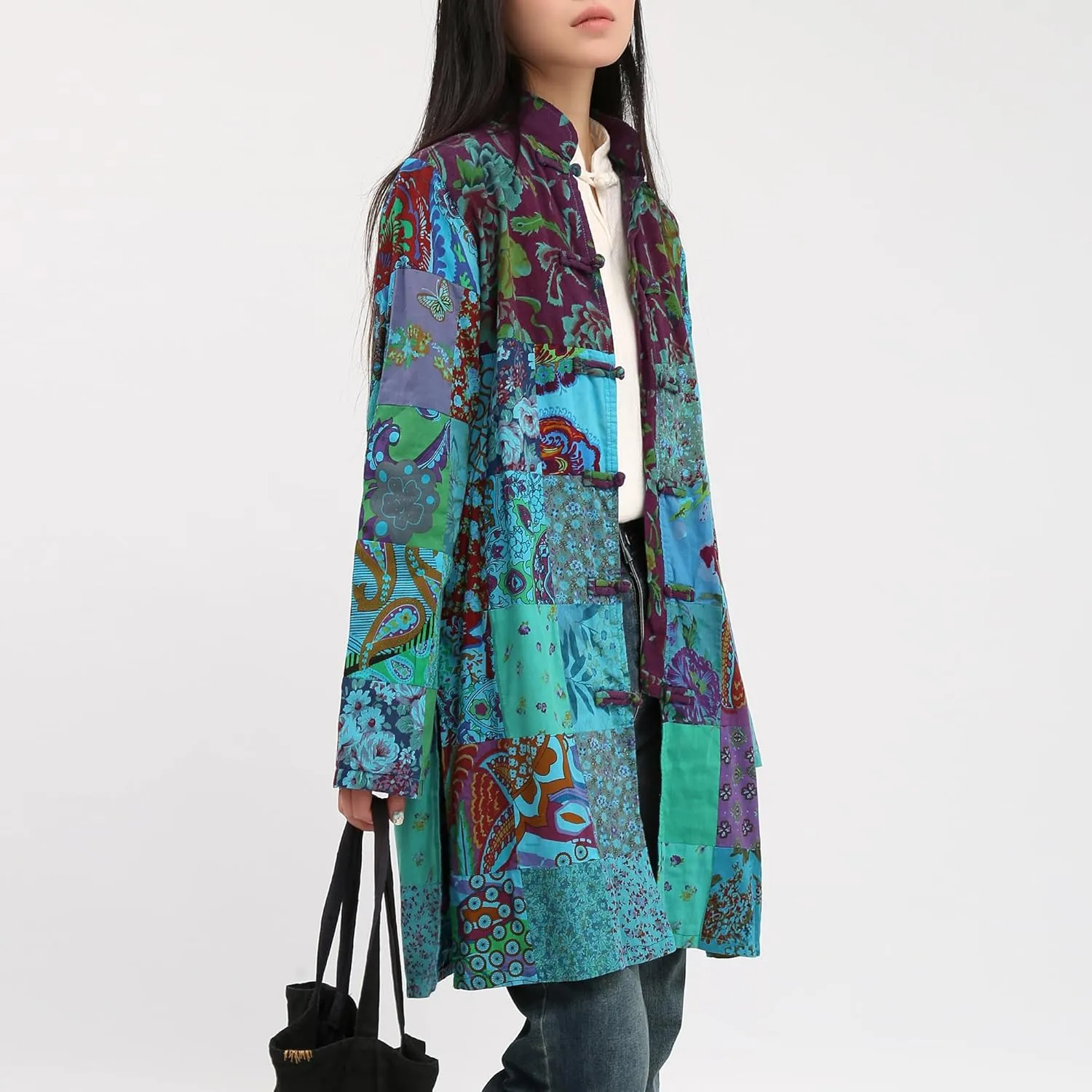 Women's Boho Floral Patchwork Jacket Lightweight Color-Blocked Plaid Windbreaker Coat for Spring & Fall