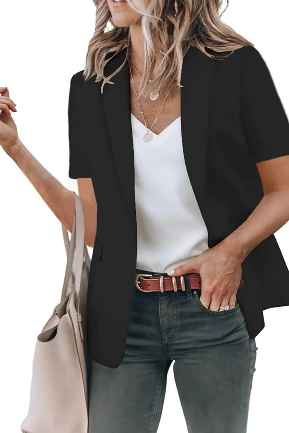 Womens Casual Blazers Work Office Suit Jackets Open Front Short Sleeve Suit Lapel Jacket Blazer with Pockets